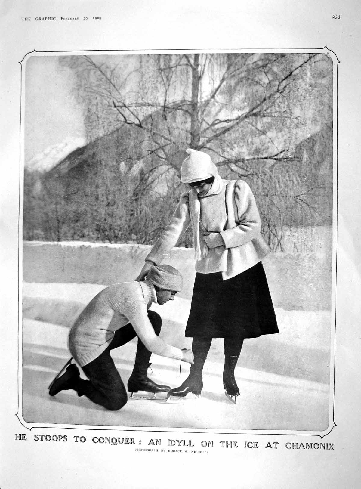 Old Antique Print 1909 Ice Skating Romance Chamonix Chamberlain Beresford 20th