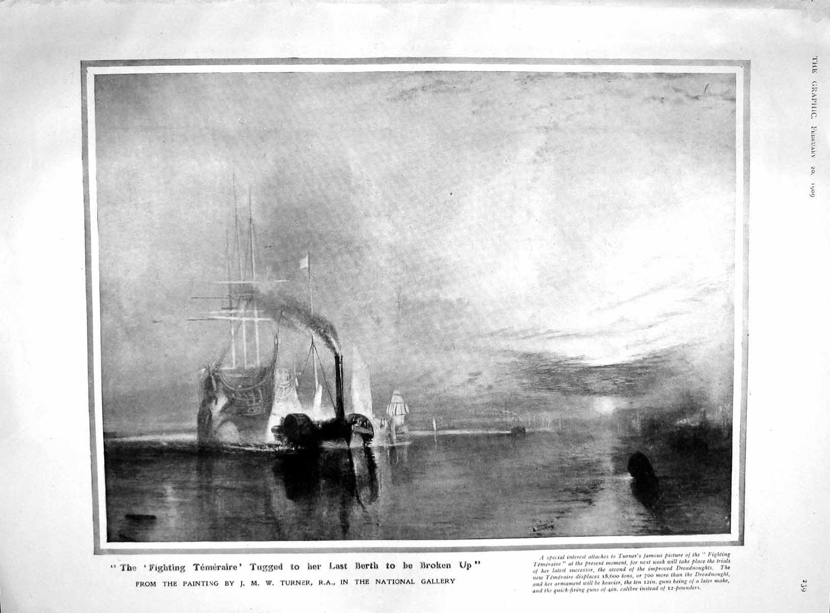 Old Antique Print 1909 Ship Fighting Temeraire Crofton Grosvenor Crufts 20th