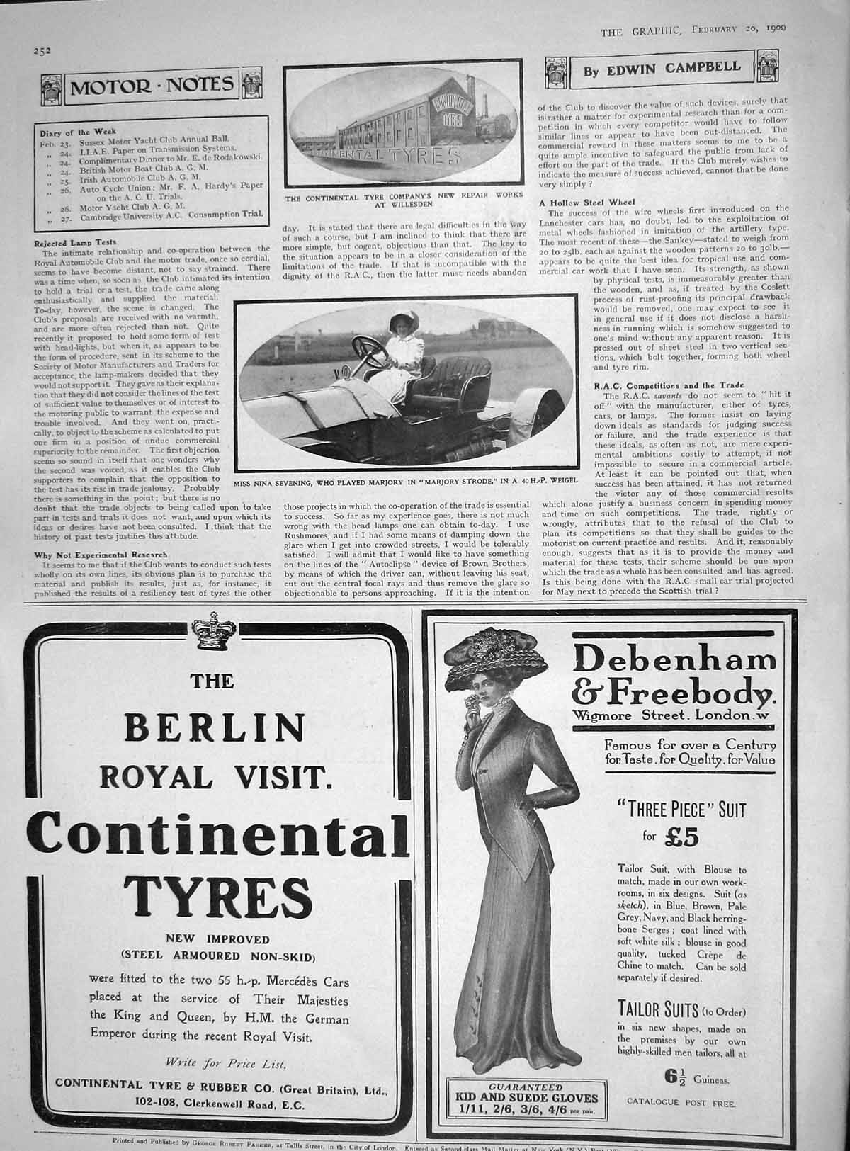 Original Old Antique Print 1909 Nina Sevening Weigel Motor Car Willesden Tyres