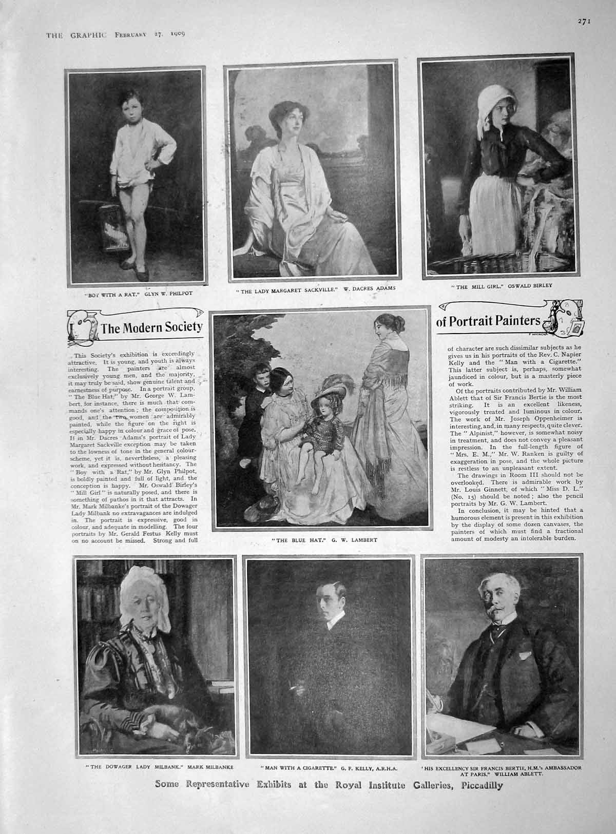 Old Antique Print 1909 Art Piccadilly Girl Hat Sackville Bertie Milbank 20th