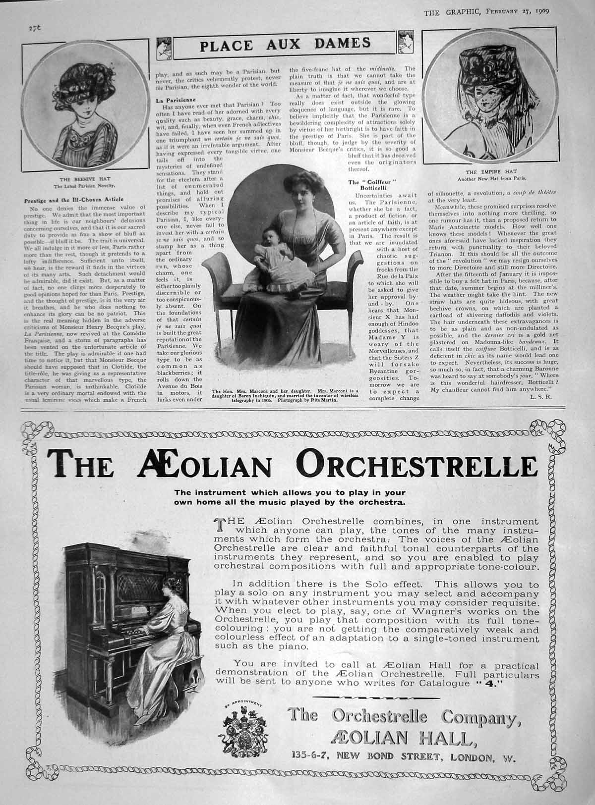 Old Antique Print 1909 Marconi Baron Inchiquin Beehive Hat Empire Aeolian 20th