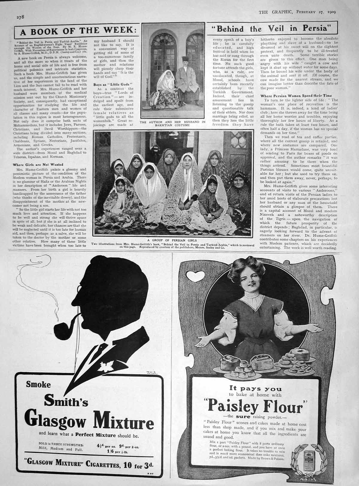 Original Old Antique Print 1909 Persian Girls Hume-Griffith Bakhtian Costume