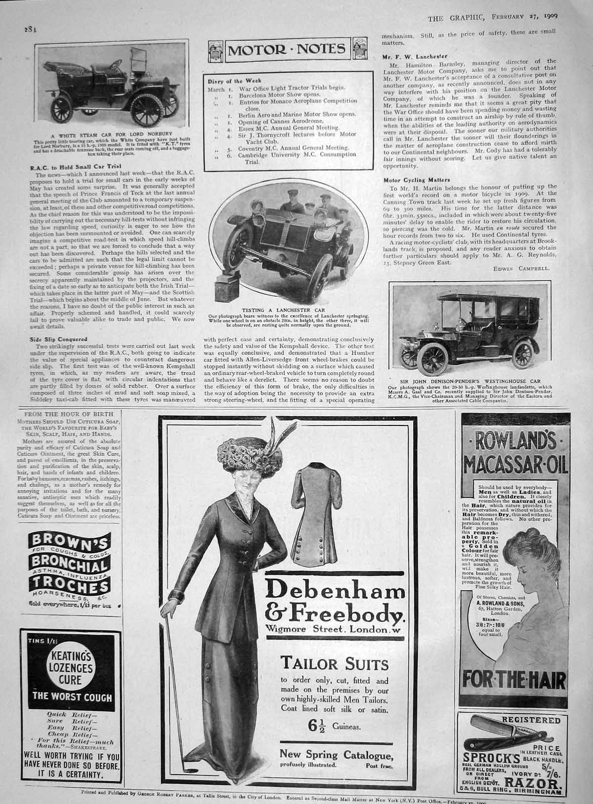 Original Old Antique Print 1909 Lanchester Motor Car Denison-Penders Lord 20th