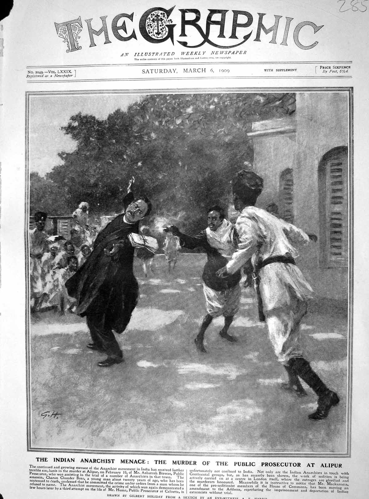 Original Old Antique Print 1909 Murder Ashutosh Biswas Anarchist Charan 20th
