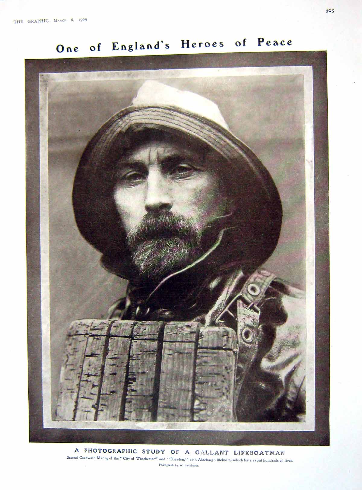 Old Antique Print 1909 Portrait Gallant Lifeboatman Mann Samson Theatre 20th