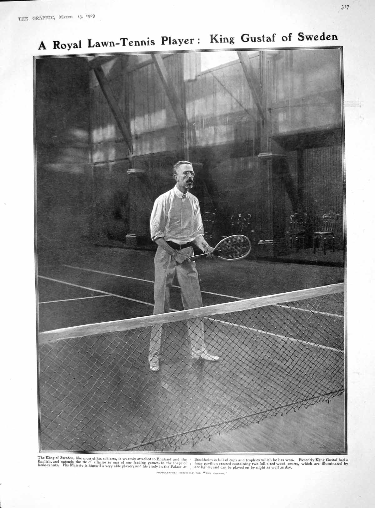 Old Antique Print 1909 Lawn Tennis King Gustaf Sweden Mehmed Mullah Camel 20th
