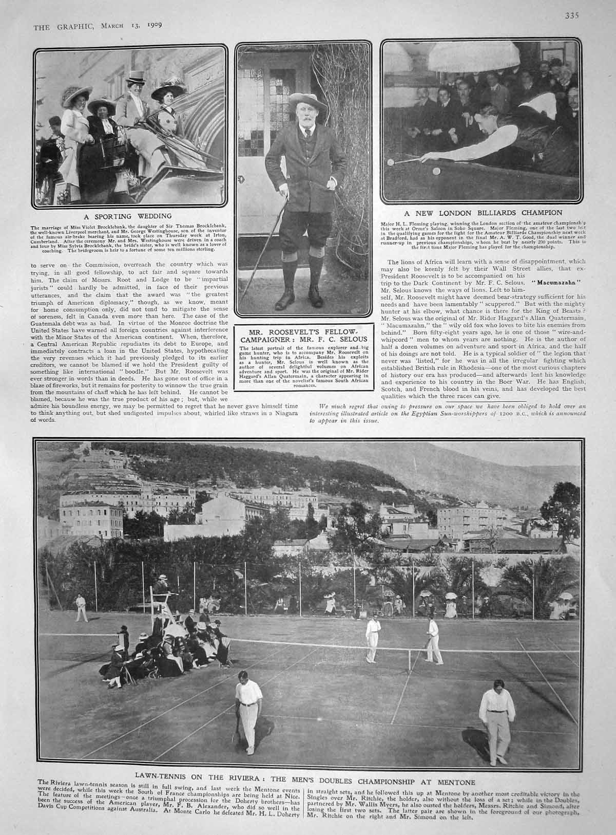 Original Old Antique Print 1909 Roosevelt Tennis Mentone Myers Ritchie Charcoal