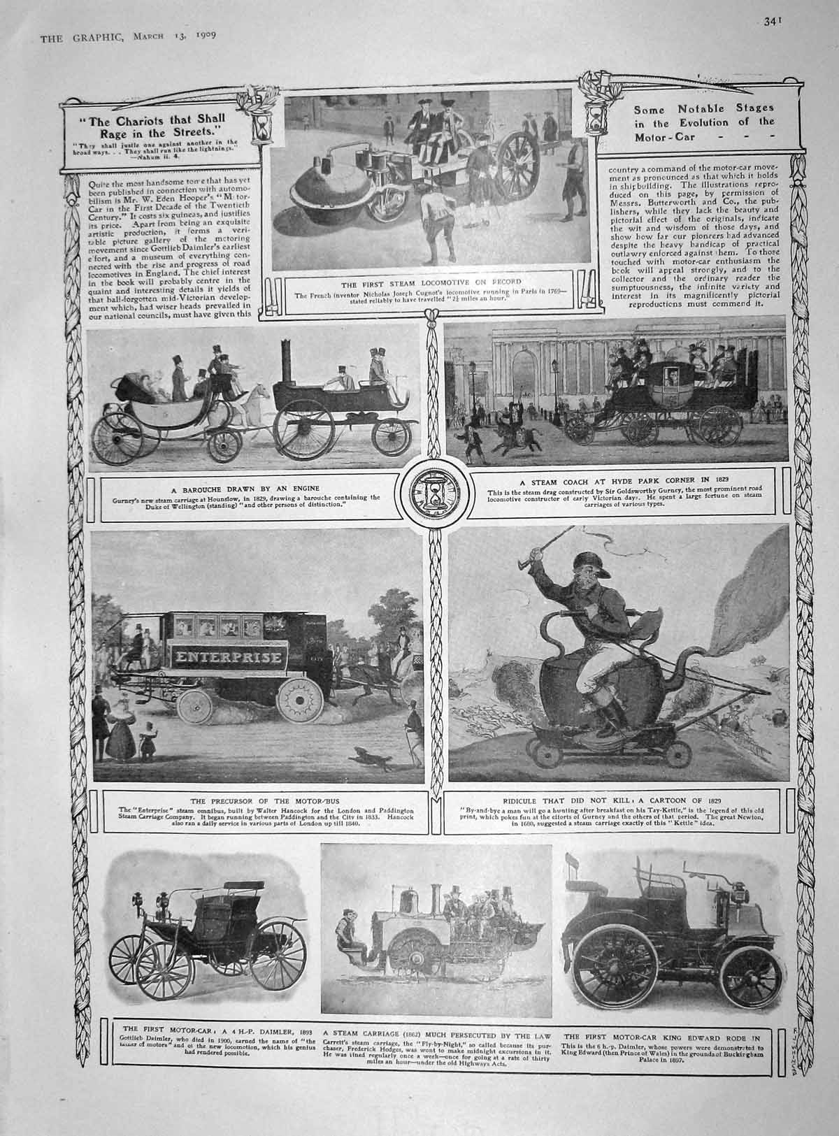 Old Antique Print 1909 Steam Carriage King Edward Cugnot Theatre Everard 20th