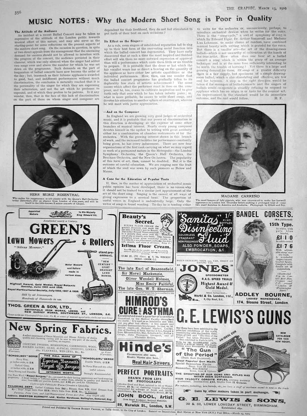 Original Old Antique Print 1909 Herr Moriz Rosenthal Madame Carreno Pianist