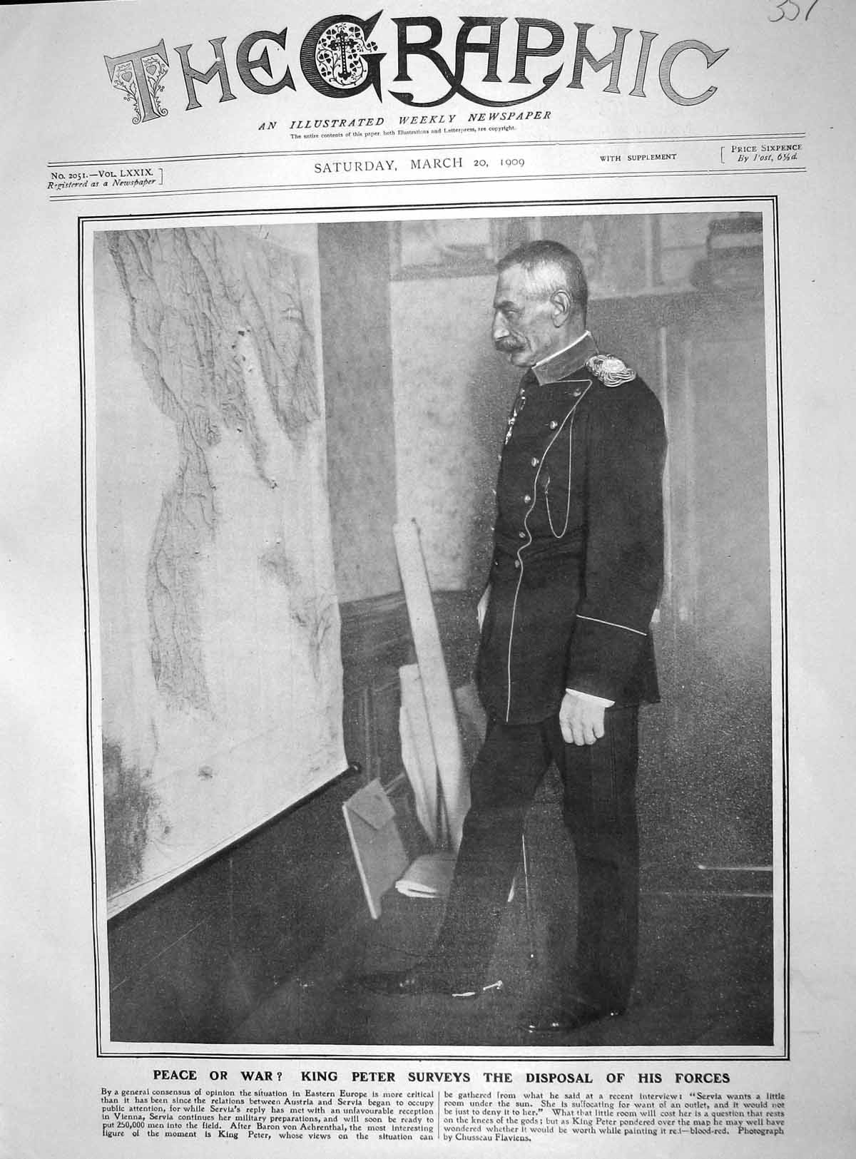 Original Old Antique Print 1909 King Peter War Map Photograph Chusseau Flaviens