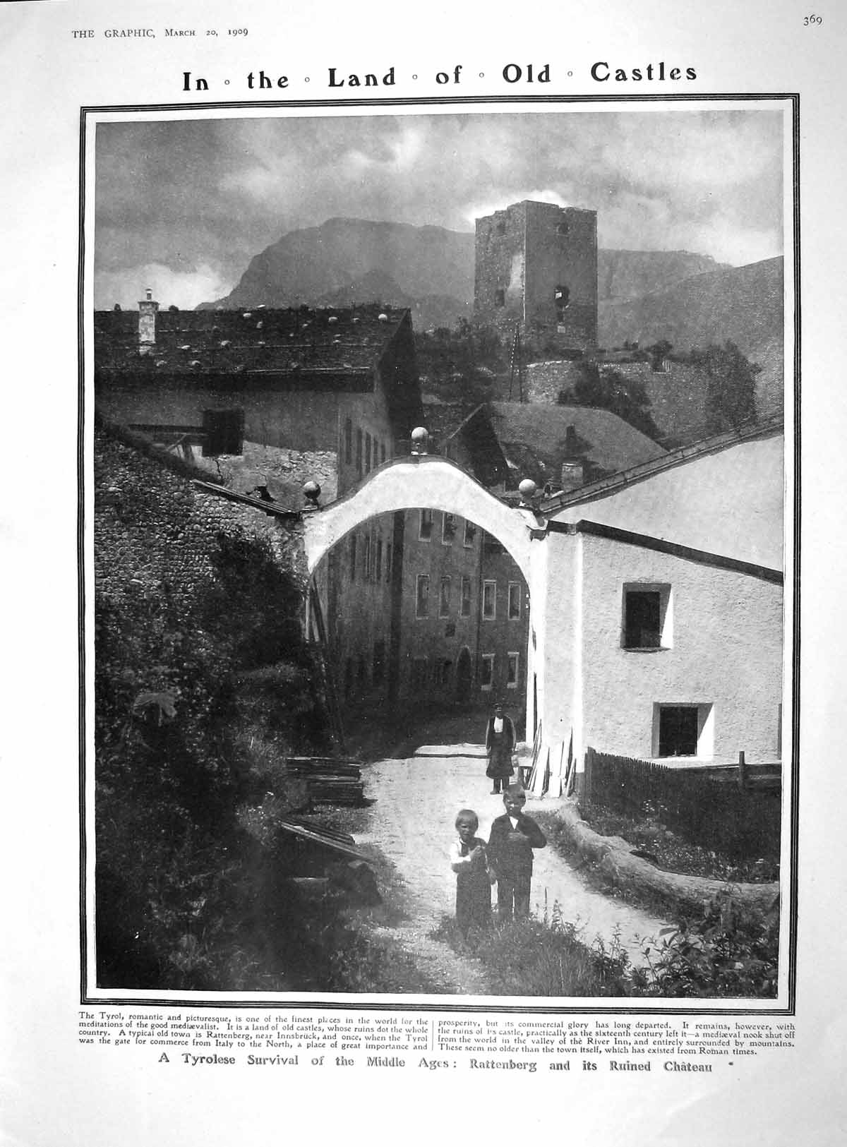 Original Old Antique Print 1909 Rattenberg Chateau Tyrol Pu-Yi Collings Brunner