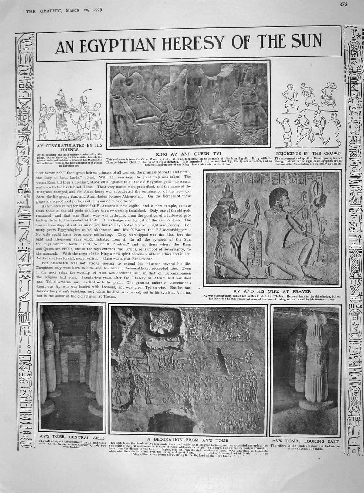 Old Antique Print 1909 King Ay Queen Tyi Egypt Tomb Ronner Dogs Cats Hunt 20th