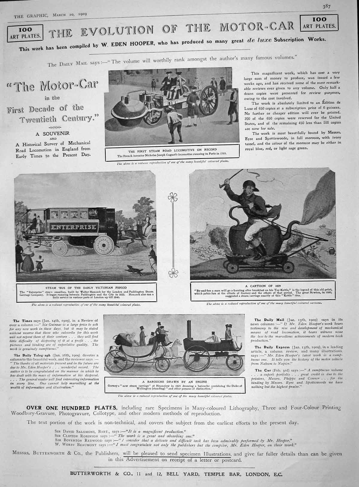 Original Old Antique Print 1909 Motor Car Steam Bus Barouche Woodsmen Log River