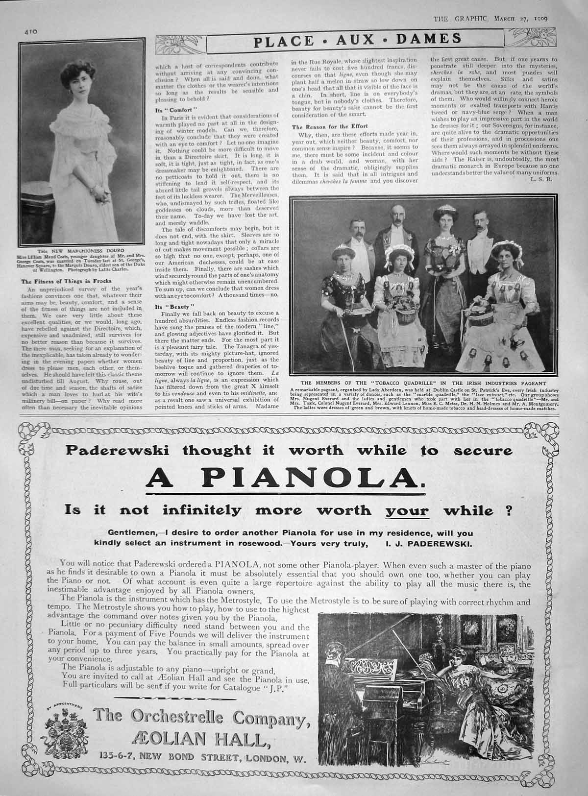 Old Antique Print 1909 Marchioness Douro Lillian Coats Tobacco Quadrille 20th