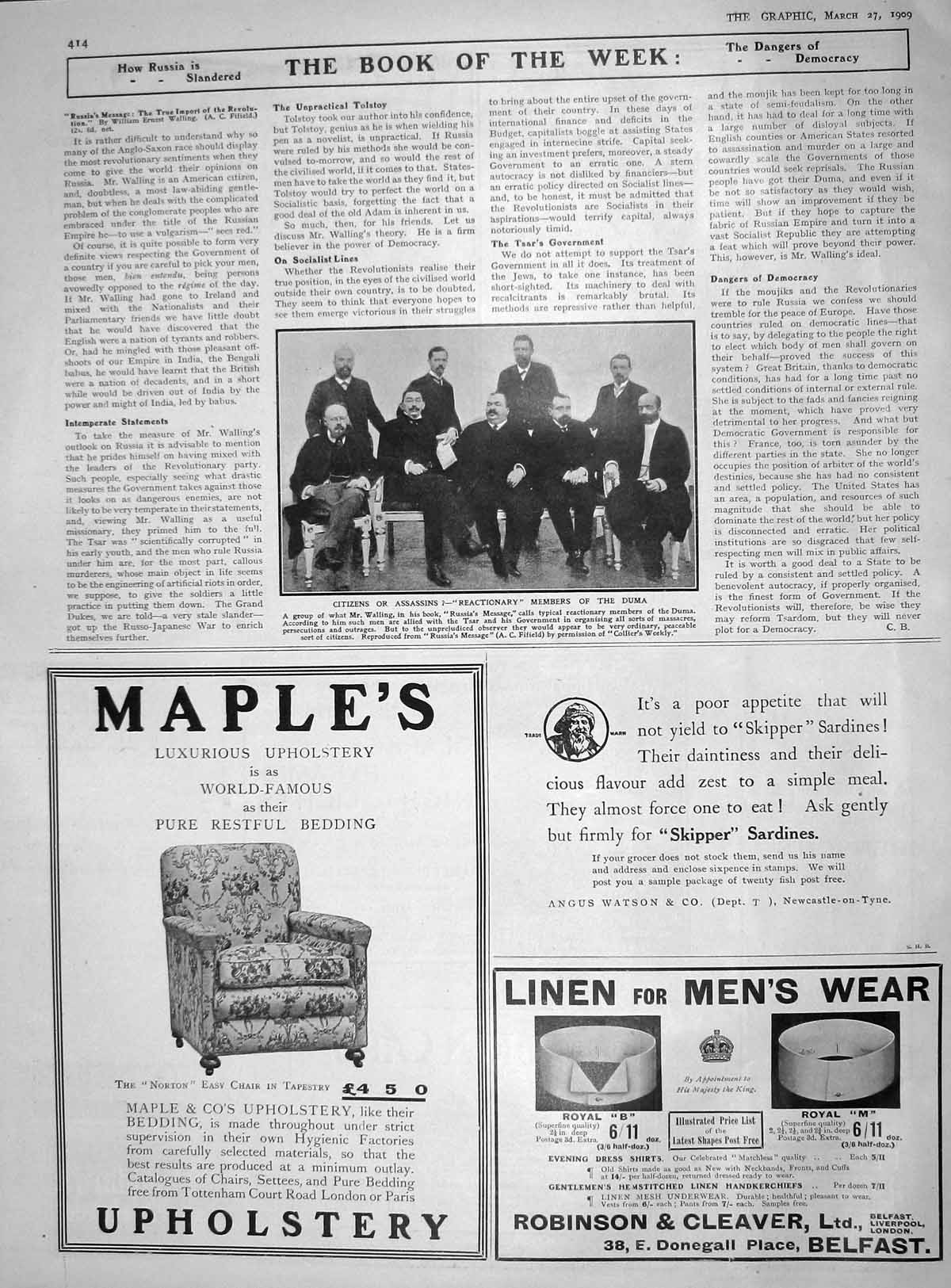 Original Old Antique Print 1909 Duma Assassins Walling Russia Maple Upholstery