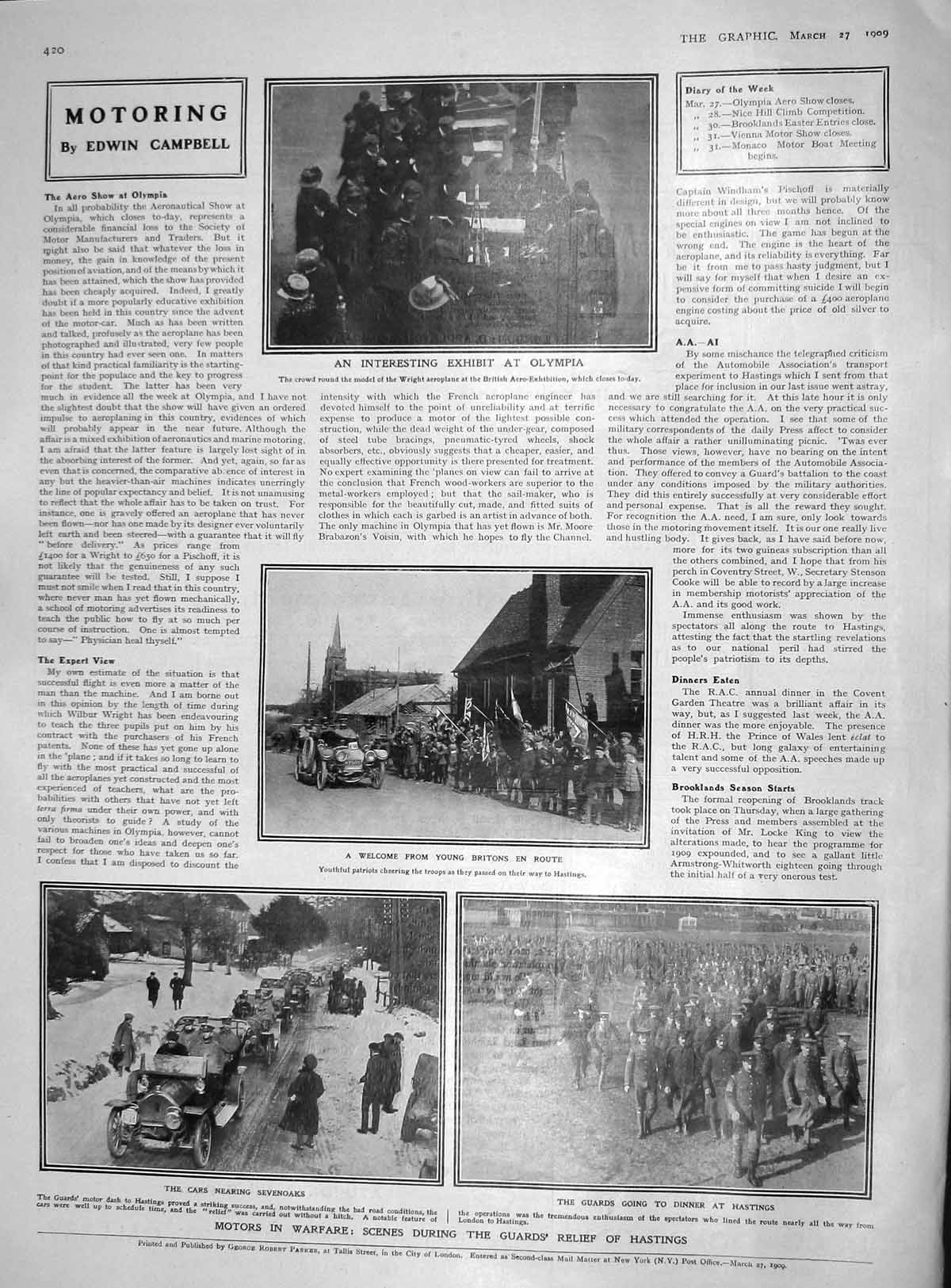 Original Old Antique Print 1909 Wright Aeroplane Olympia Motor Car War Hastings