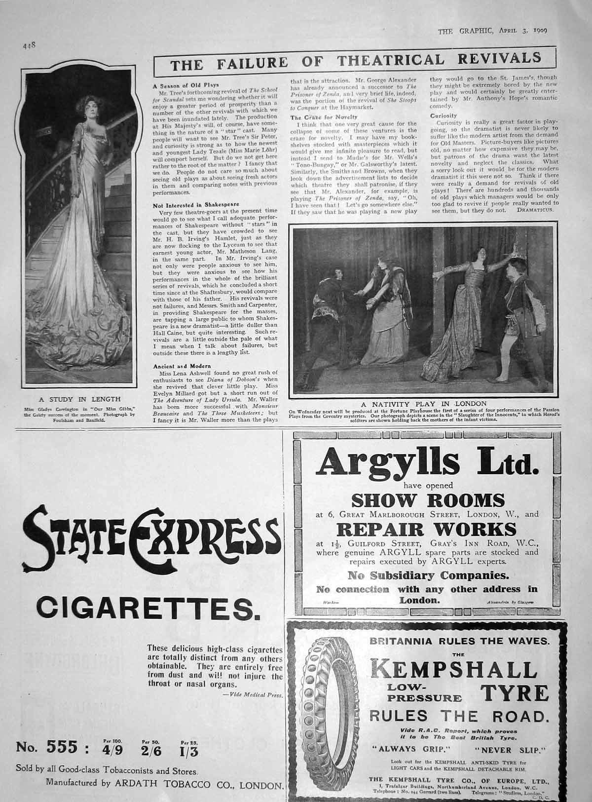 Old Antique Print 1909 Gladys Carrington Theatre Fortune Playhouse Argyll 20th