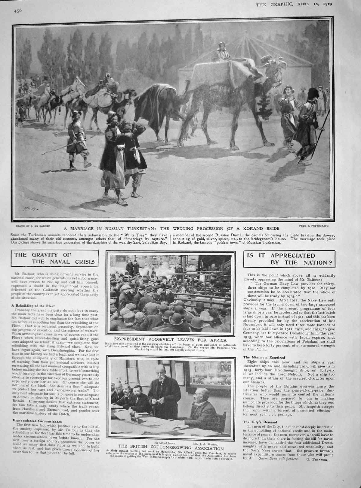 Original Old Antique Print 1909 Marriage Turkestan Kokand Roosevelt Jones Ships