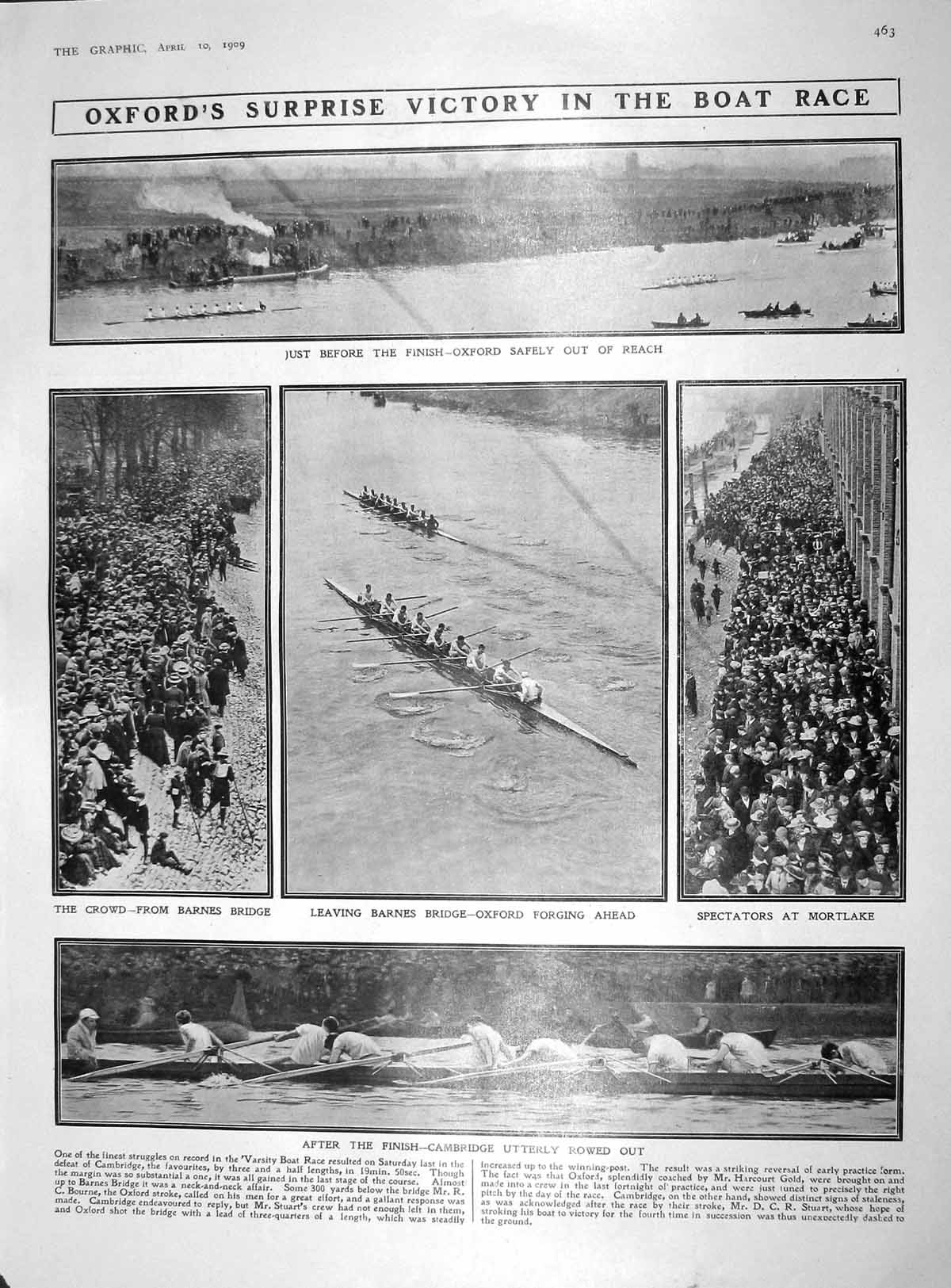 Old Antique Print 1909 Oxford Boat Race Mortlake Barnes Electricity Ray 20th