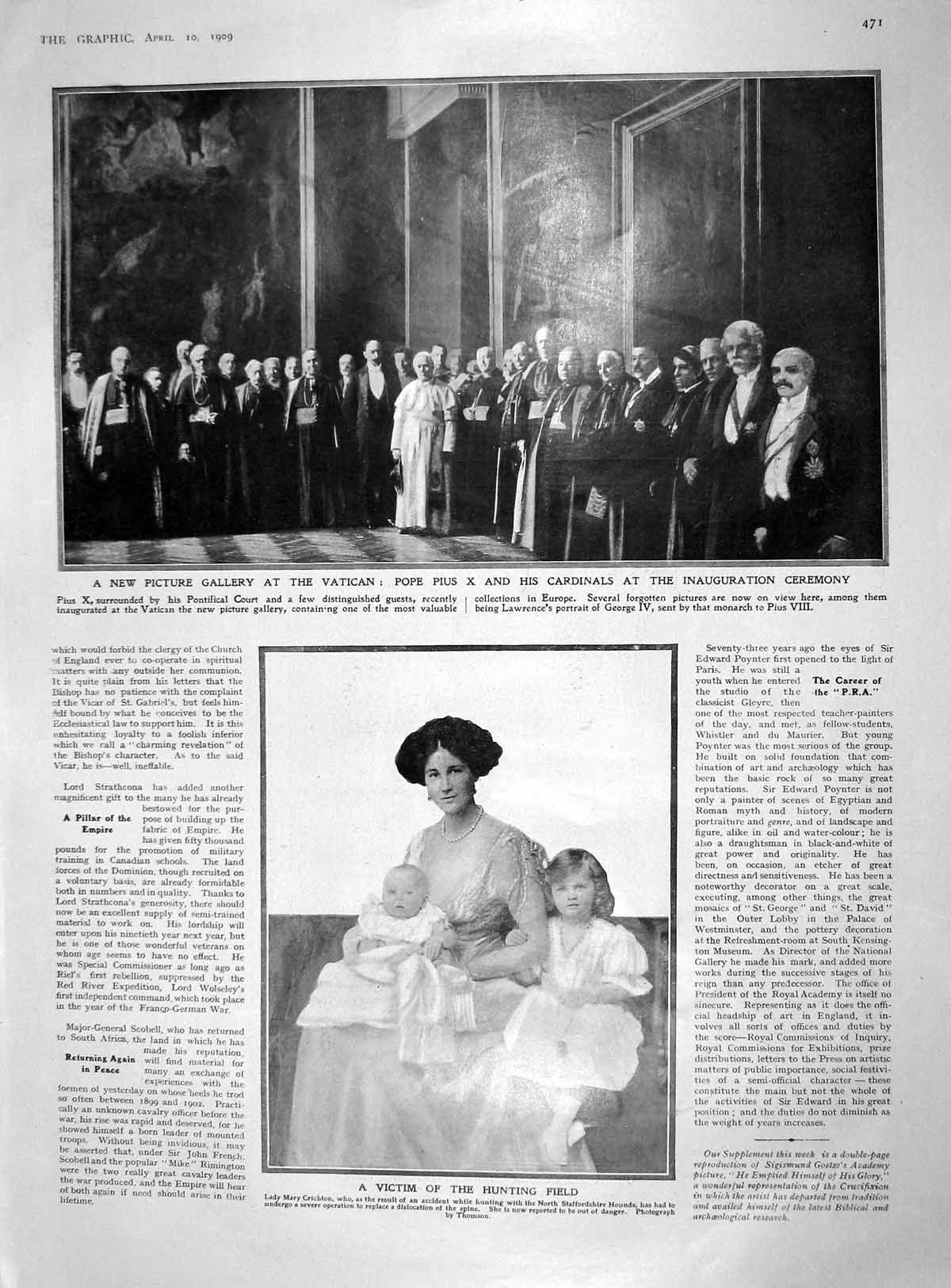 Original Old Antique Print 1909 Pope Pius Vatican Lady Crichton Queen Alexandra