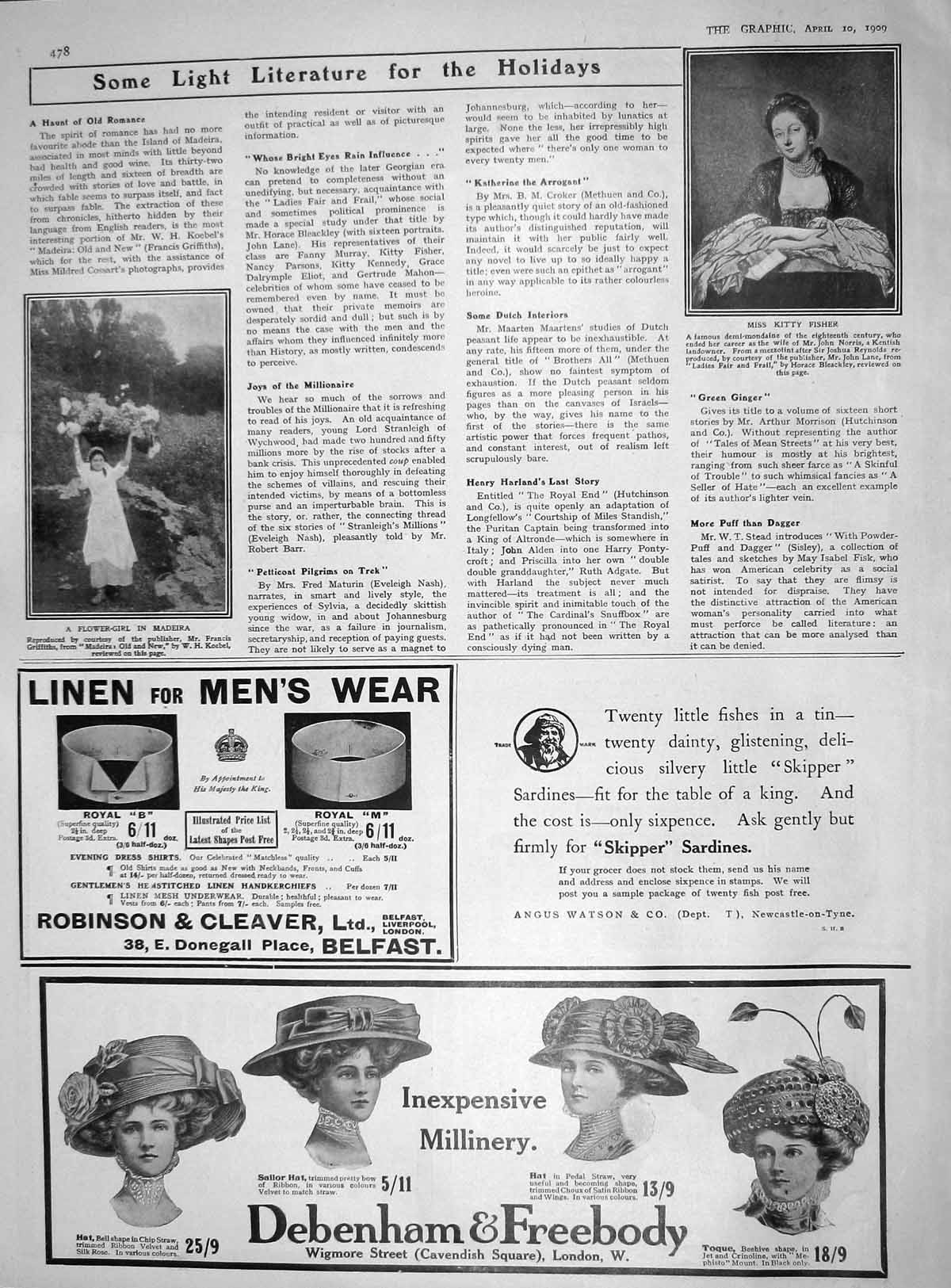 Old Antique Print 1909 Flower Girl Madeira Kitty Fisher Portrait Debenham 20th