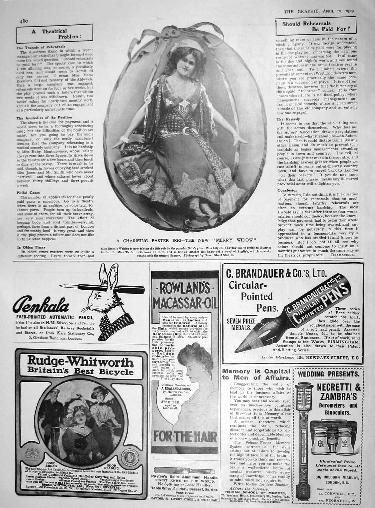 Original Old Antique Print 1909 Merry Widow Theatre Emmie Wehlen Lily Elsie Pen