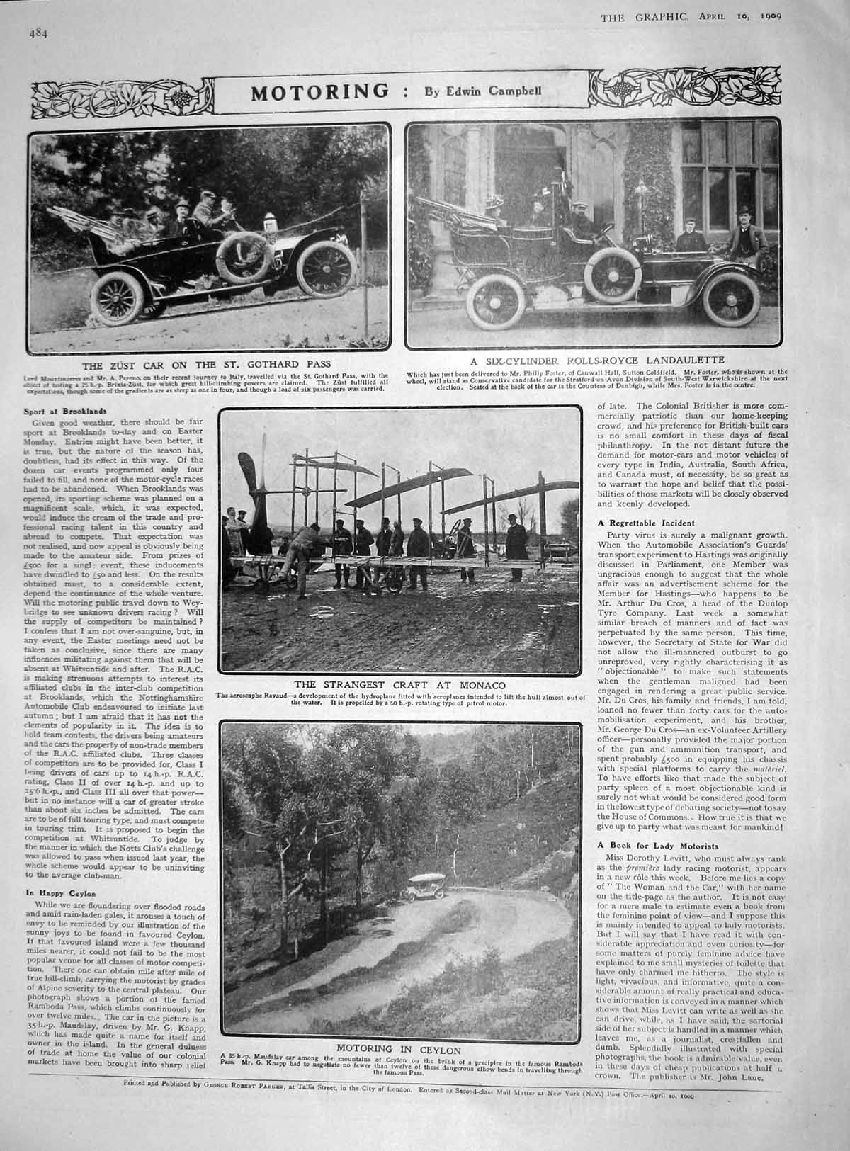 Original Old Antique Print 1909 Zust Motor Car Gothard Rolls-Royce Monaco 20th