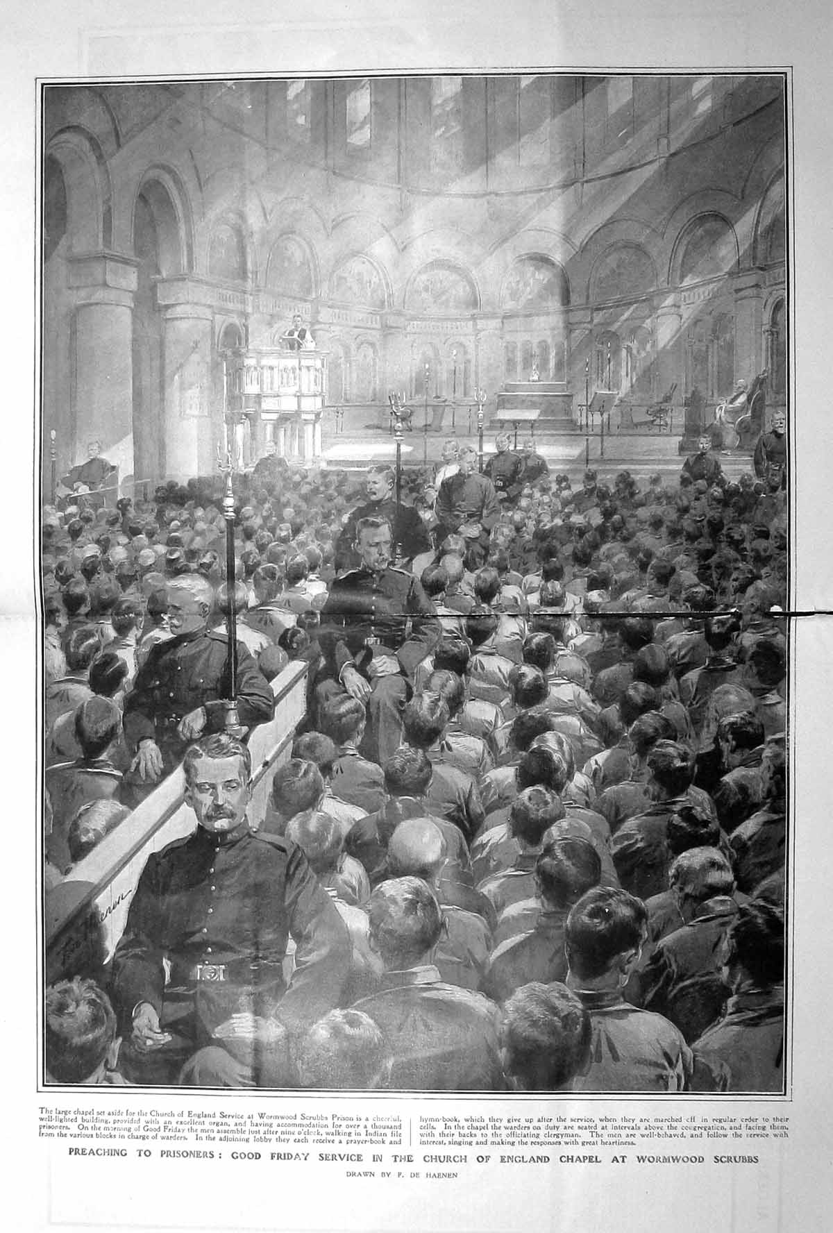 Antique Old Print 1909 Good Friday Service Church England Chapel Wormwood 20th