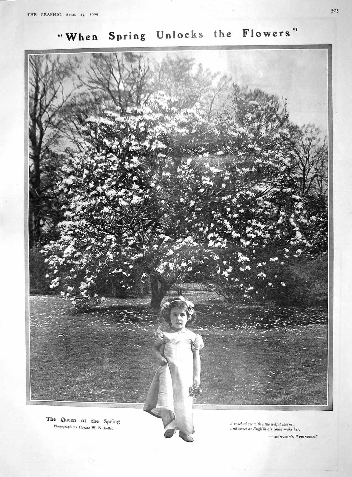 Old Antique Print 1909 Spring Flowers Little Girl Currie Crawford Raines 20th