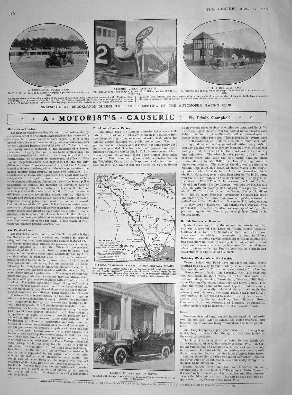 Old Antique Print 1909 Brooklands Police Trap Stirling Nalder Hewitt Car 20th