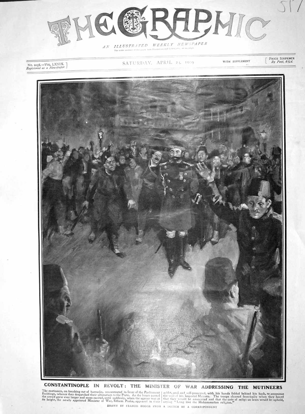 Original Old Antique Print 1909 Constantinople Revolt Minister War Mutineers