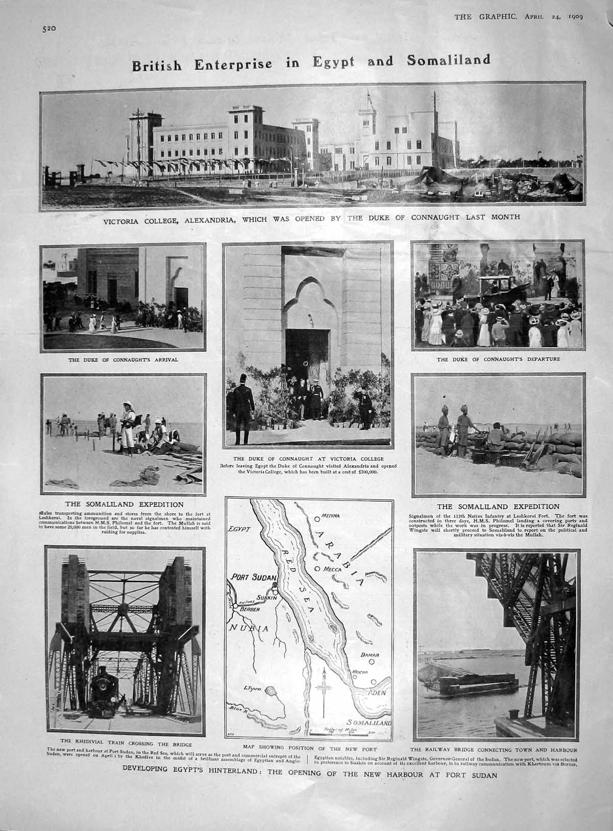 Old Antique Print 1909 Egypt Somaliland Sudan Connaught Beaconsfield Gun 20th