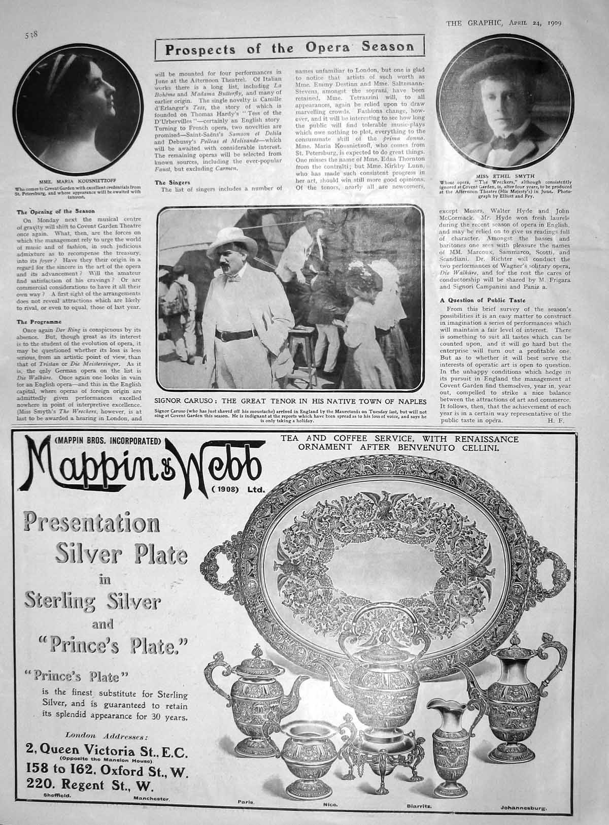 Original Old Antique Print 1909 Maria Kousnietzoff Ethel Smyth Signor Carus 20th