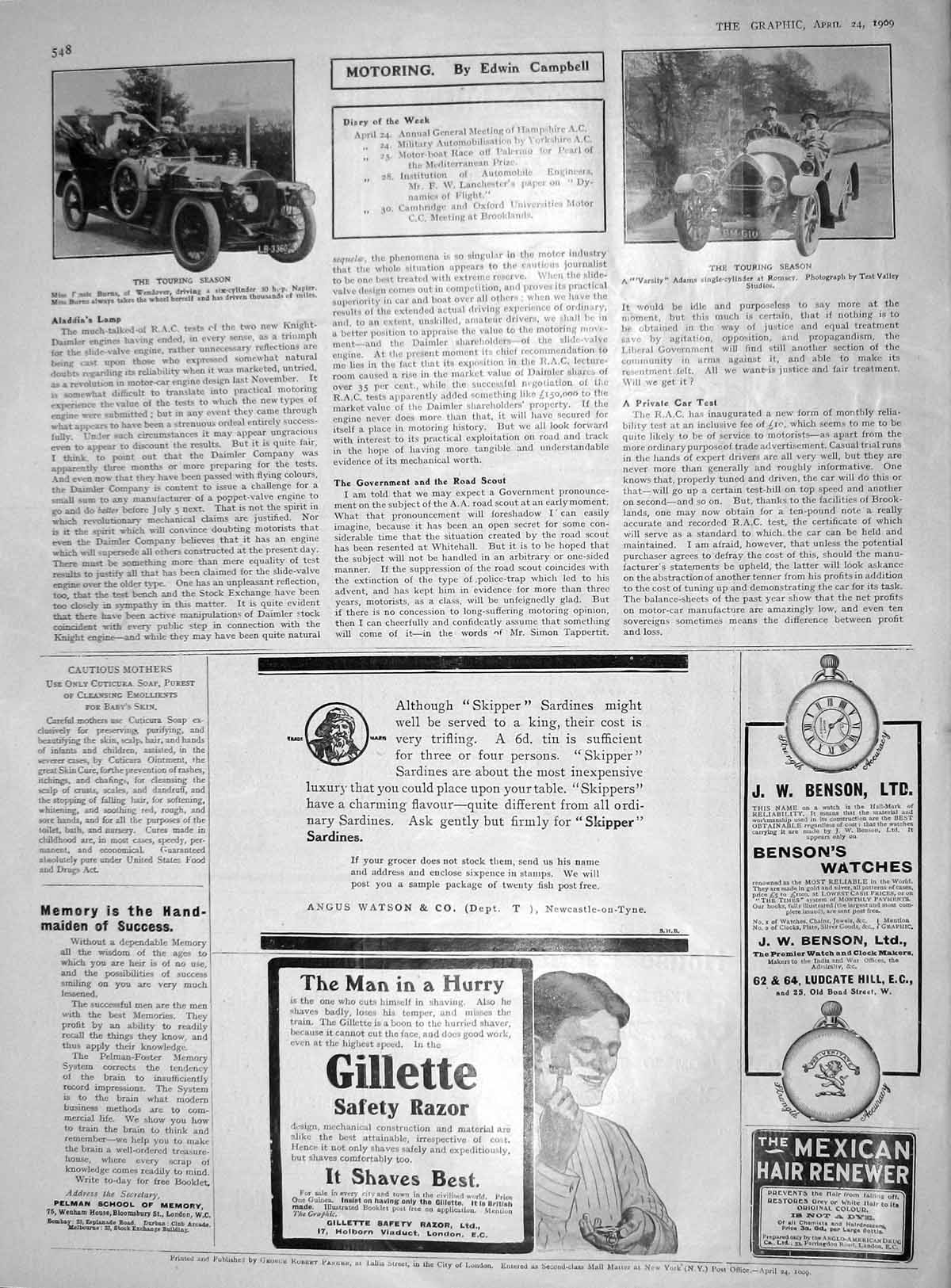 Old Antique Print 1909 Burns Napier Motor Car Adams Romsey Gillette Razor 20th