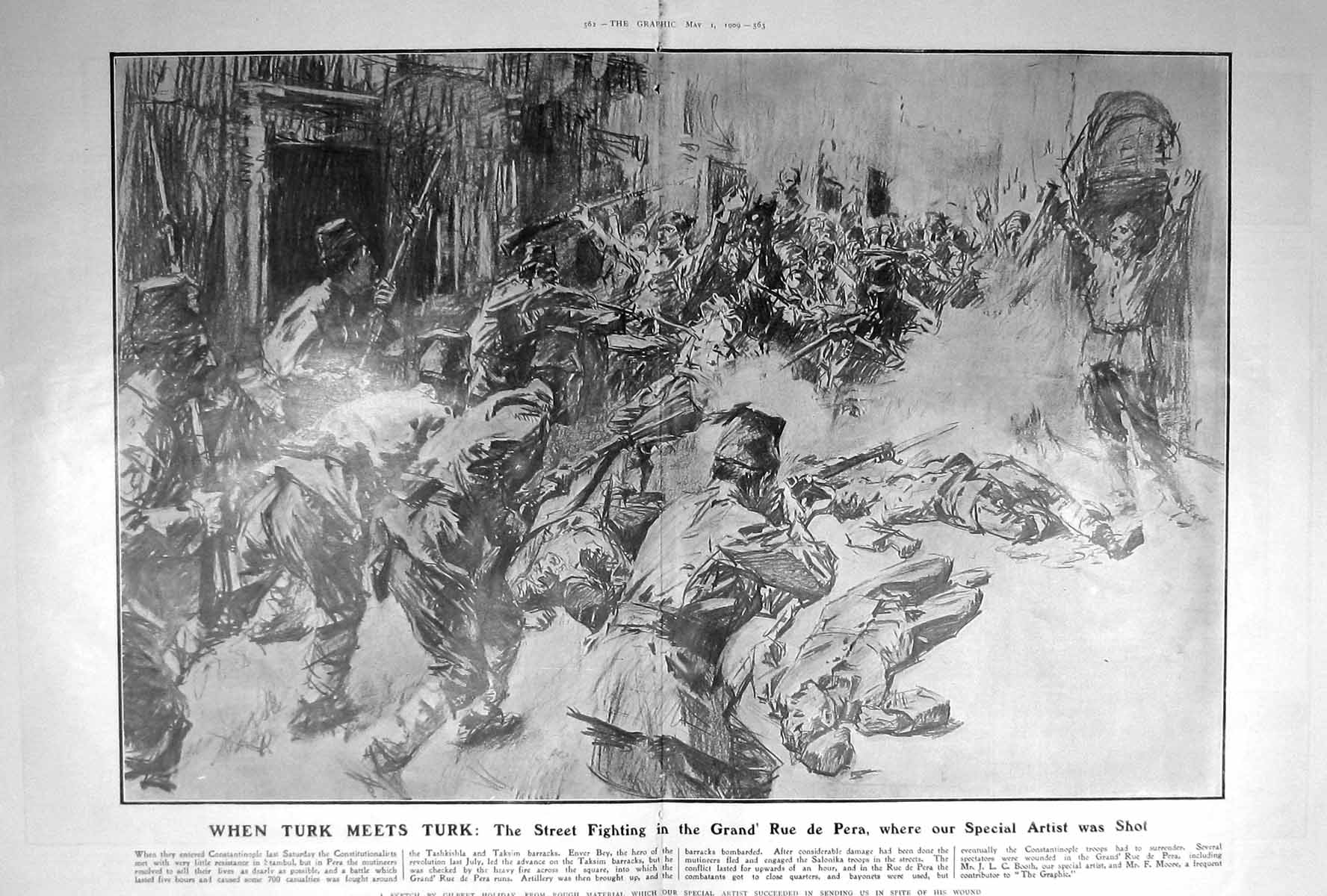 Old Antique Print 1909 Street Fighting Grand De Pera Constantinople War 20th