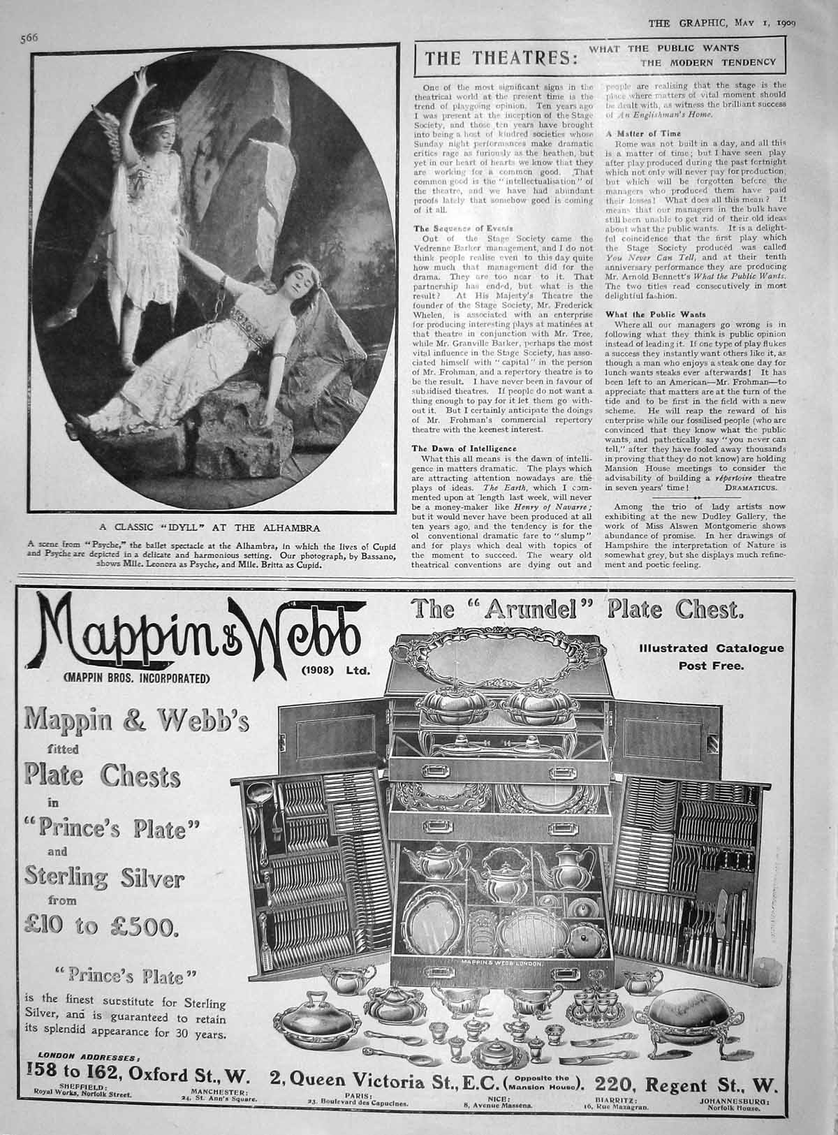 Old Antique Print 1909 Psyche Ballet Alhambra Theatre Mappin Webb London 20th