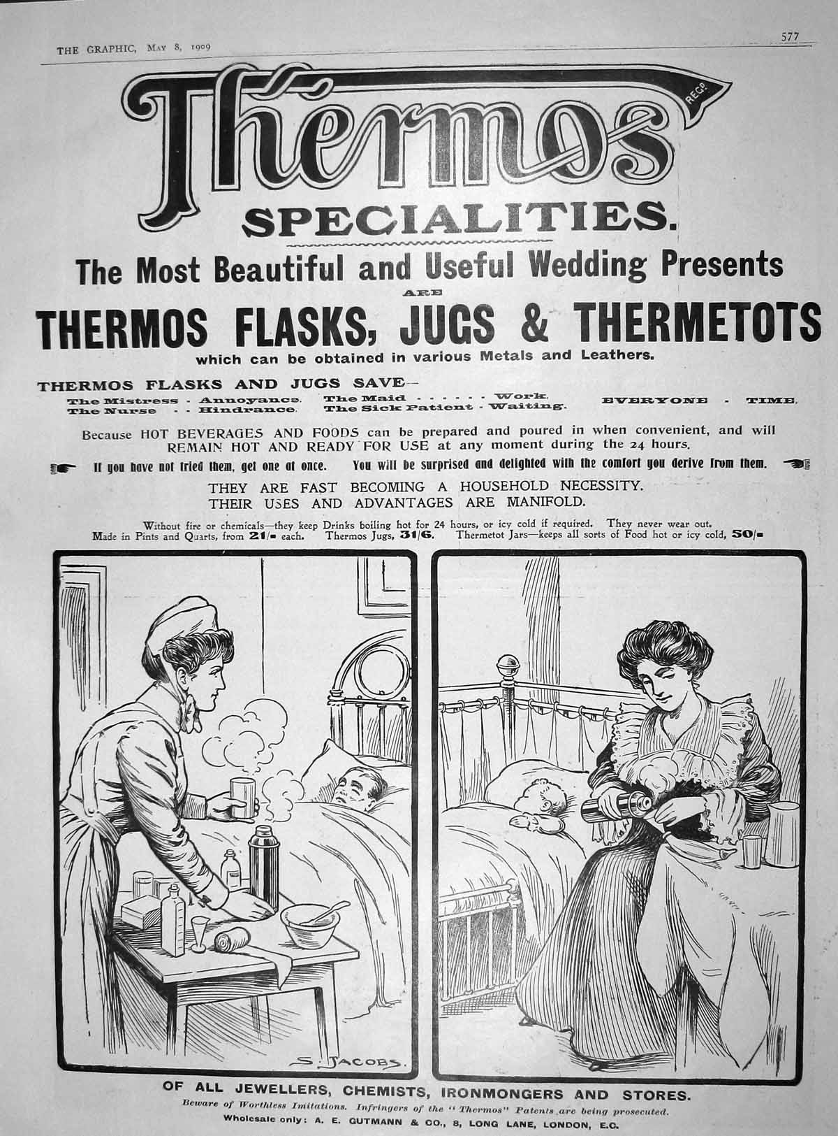 Original Old Antique Print 1909 Advertisement Thermos Flasks Jugs Thermetots