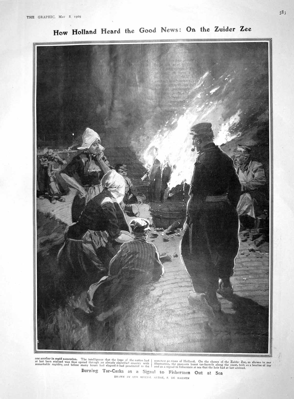 Original Old Antique Print 1909 Fire Tar-Casks Zuider Zee Holland Parliament