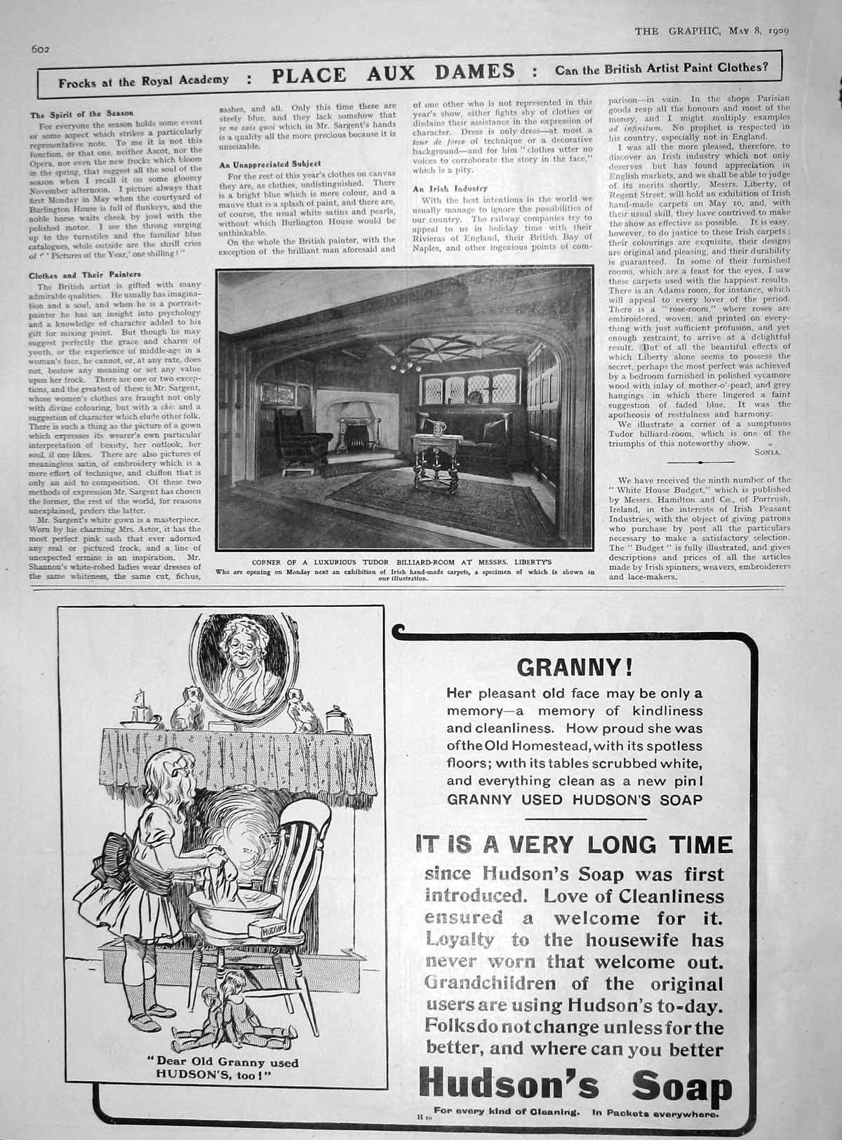 Old Antique Print 1909 Billiard Room Liberty Hudsons Soap Advertisement 20th