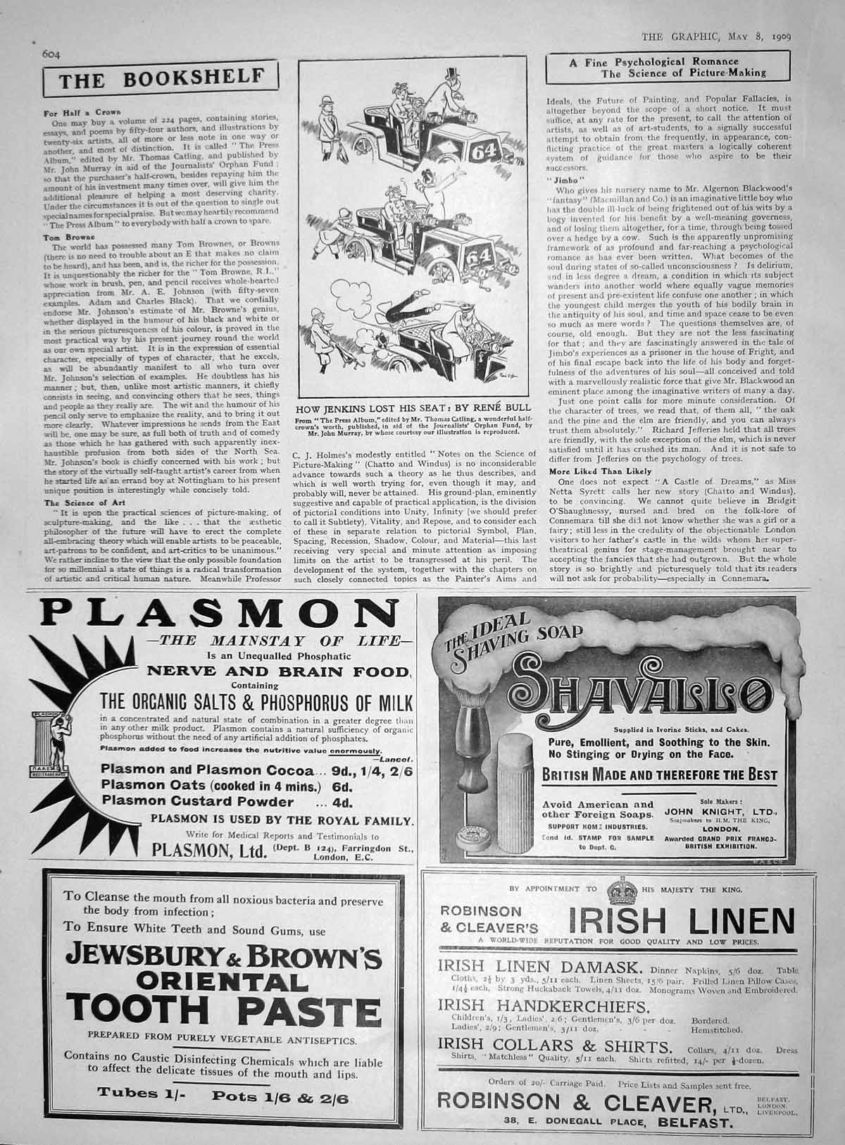 Original Old Antique Print 1909 Jenkins Motor Car Rene Bull Plasmon Tooth Paste