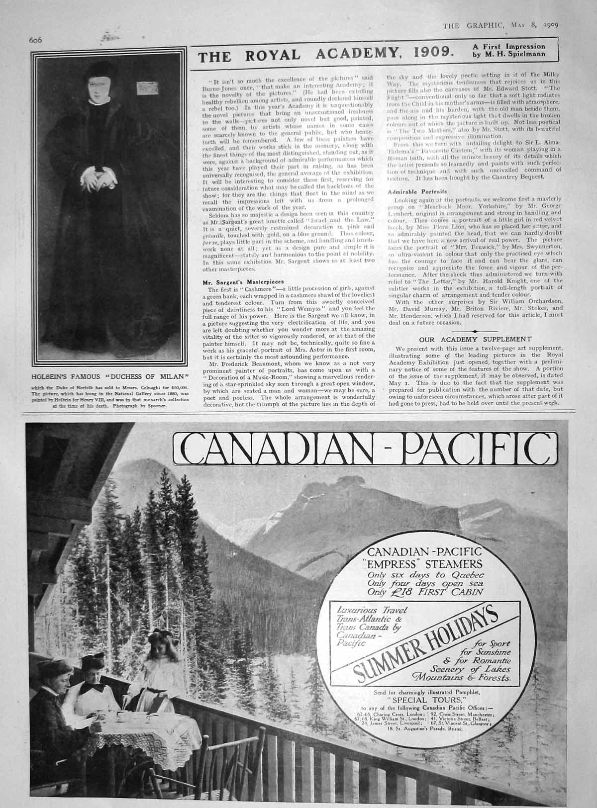 Original Old Antique Print 1909 Portrait Duchess Milan Holbein Canadian- 20th