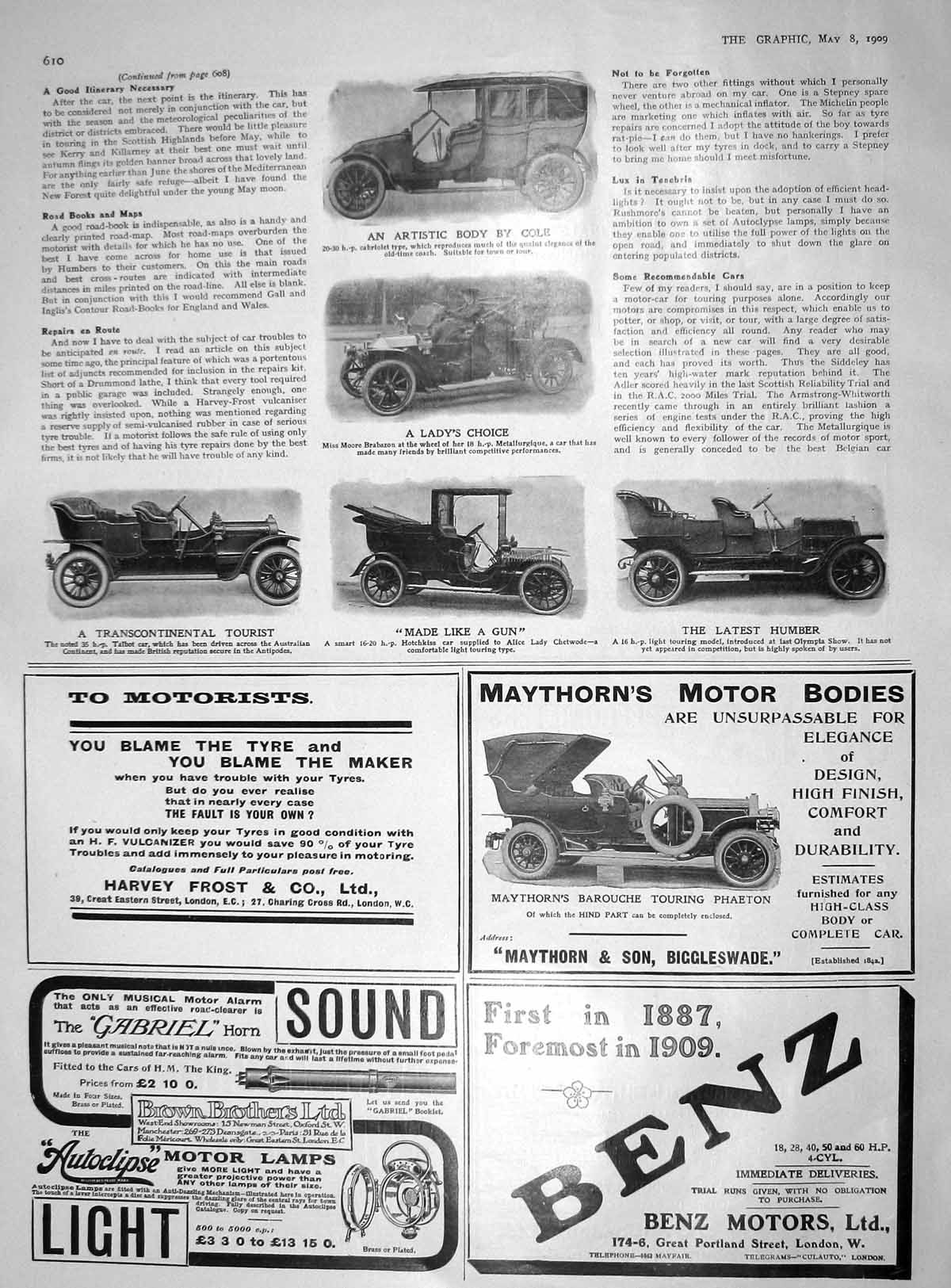 Old Antique Print 1909 Motor Cars Metallurgique Humber Talbot Cabriolet 20th
