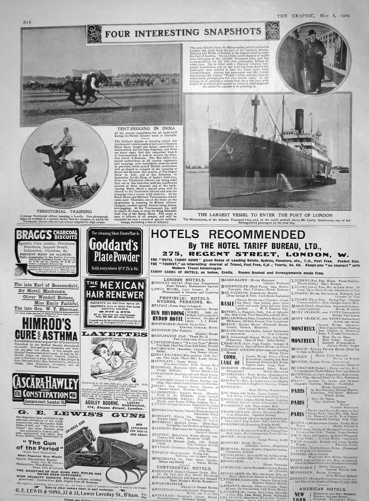 Original Old Antique Print 1909 Minnewaska Atlantic Transport Ship Tent-Pegging