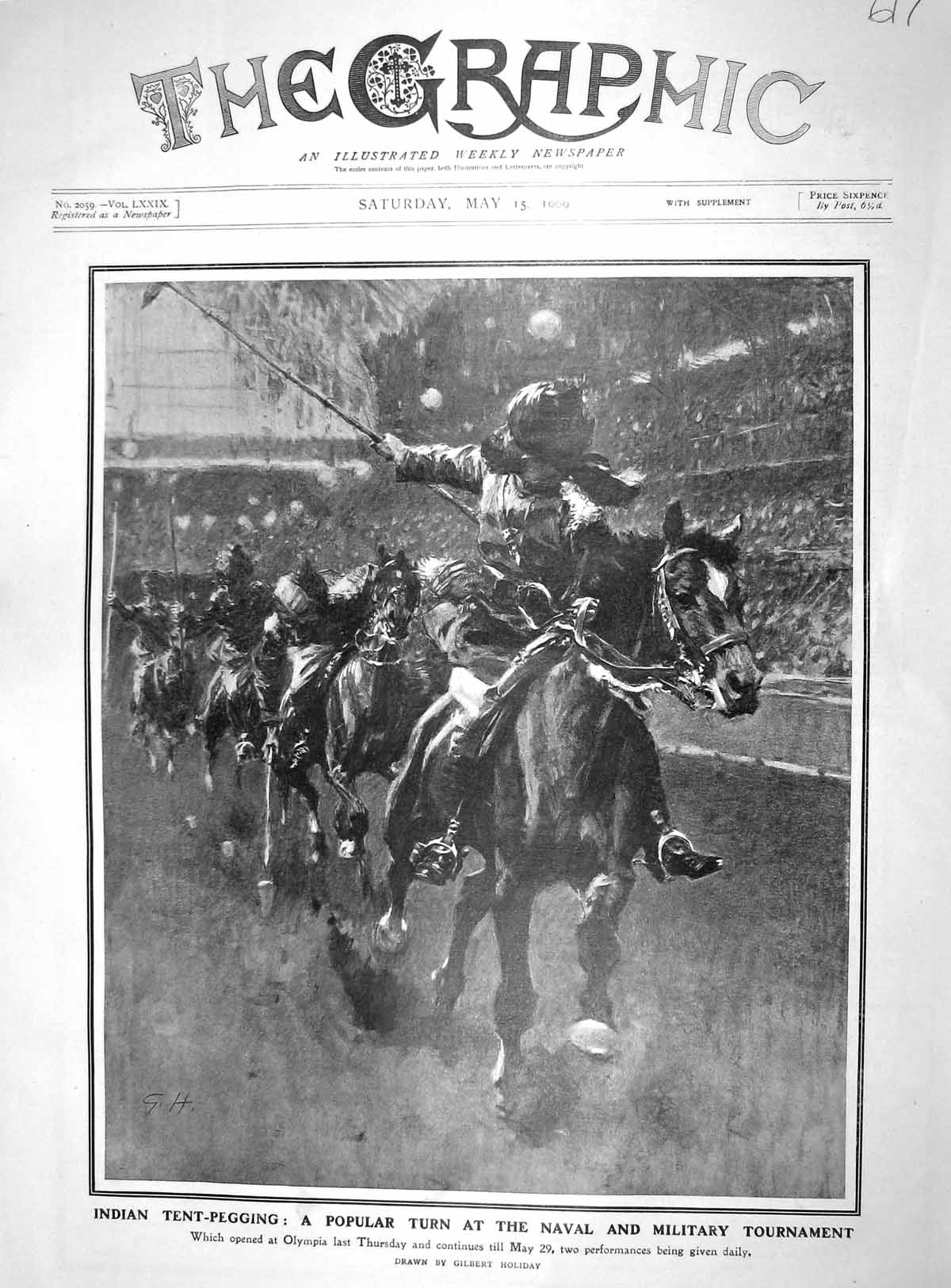 Original Old Antique Print 1909 Indian Tent-Pegging Naval Military Tou 20th