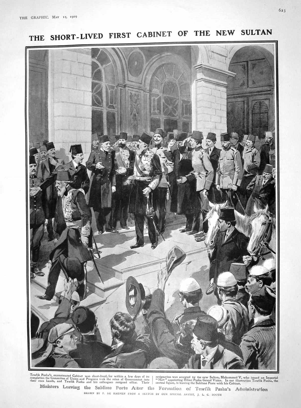 Old Antique Print 1909 Tewfik Pasha Sultan Naples King Edward Bluejackets 20th