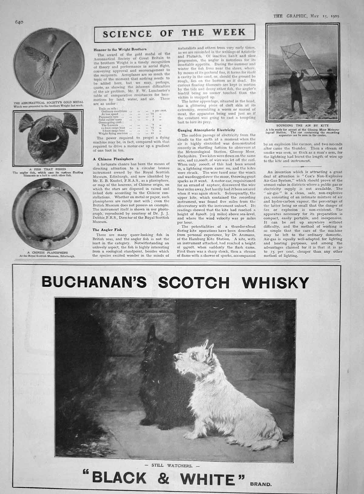 Original Old Antique Print 1909 Kite Glossop Moor Meteorological Buchanan 20th