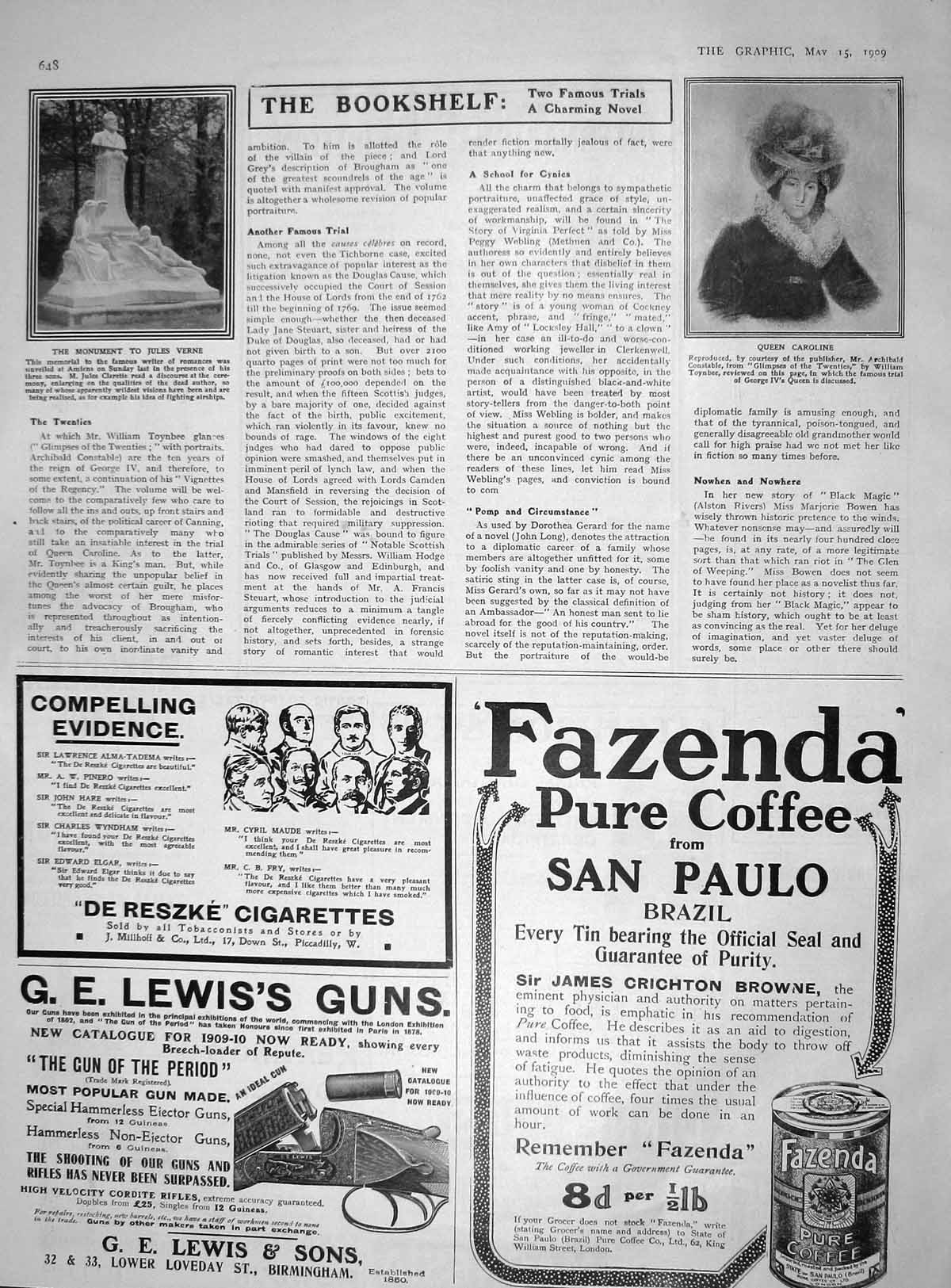 Old Antique Print 1909 Monument Jules Verne Queen Caroline Fazenda Coffee 20th