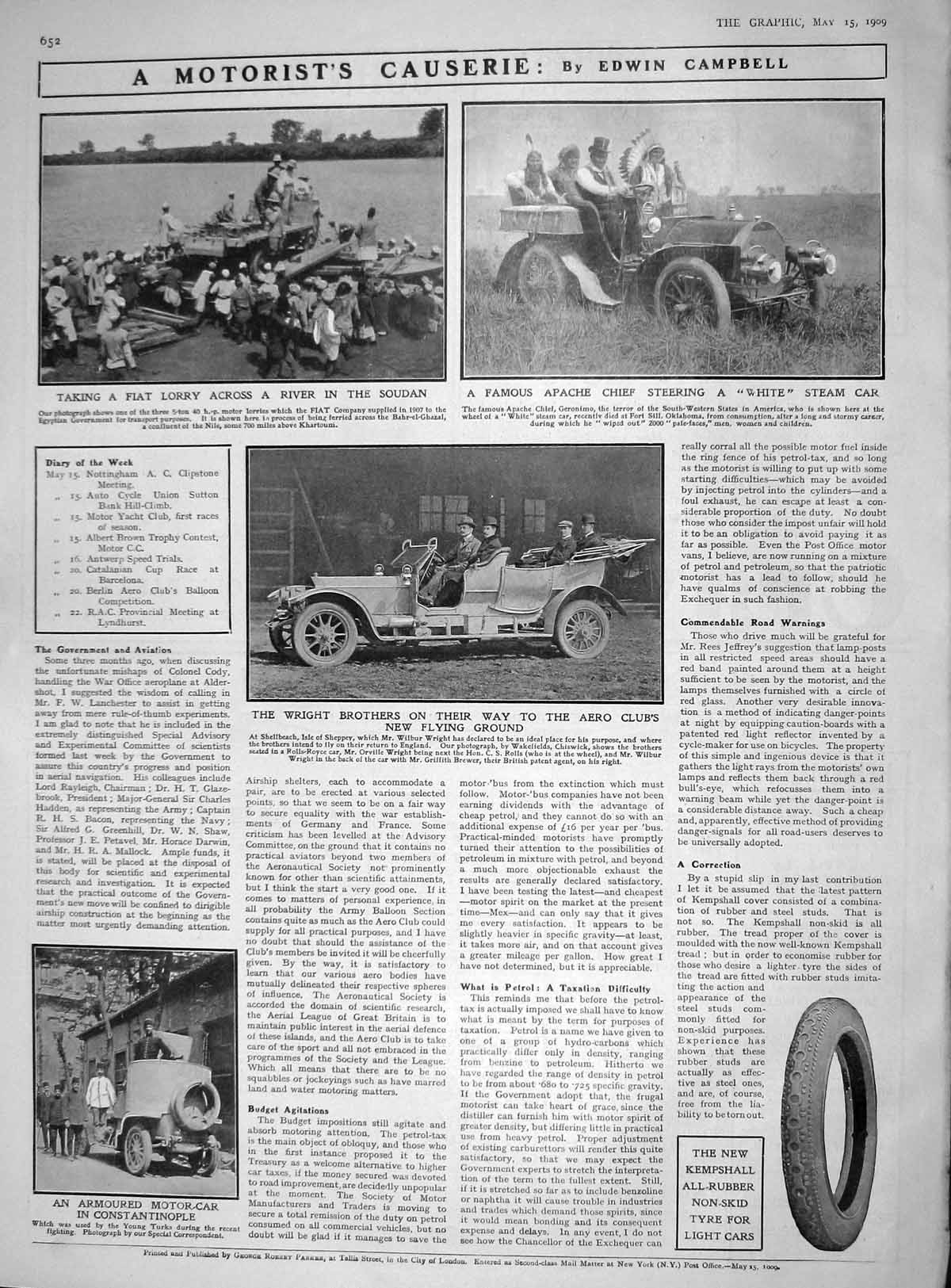Old Antique Print 1909 Fiat Ferry River Soudan Apache Wright Brothers Car 20th