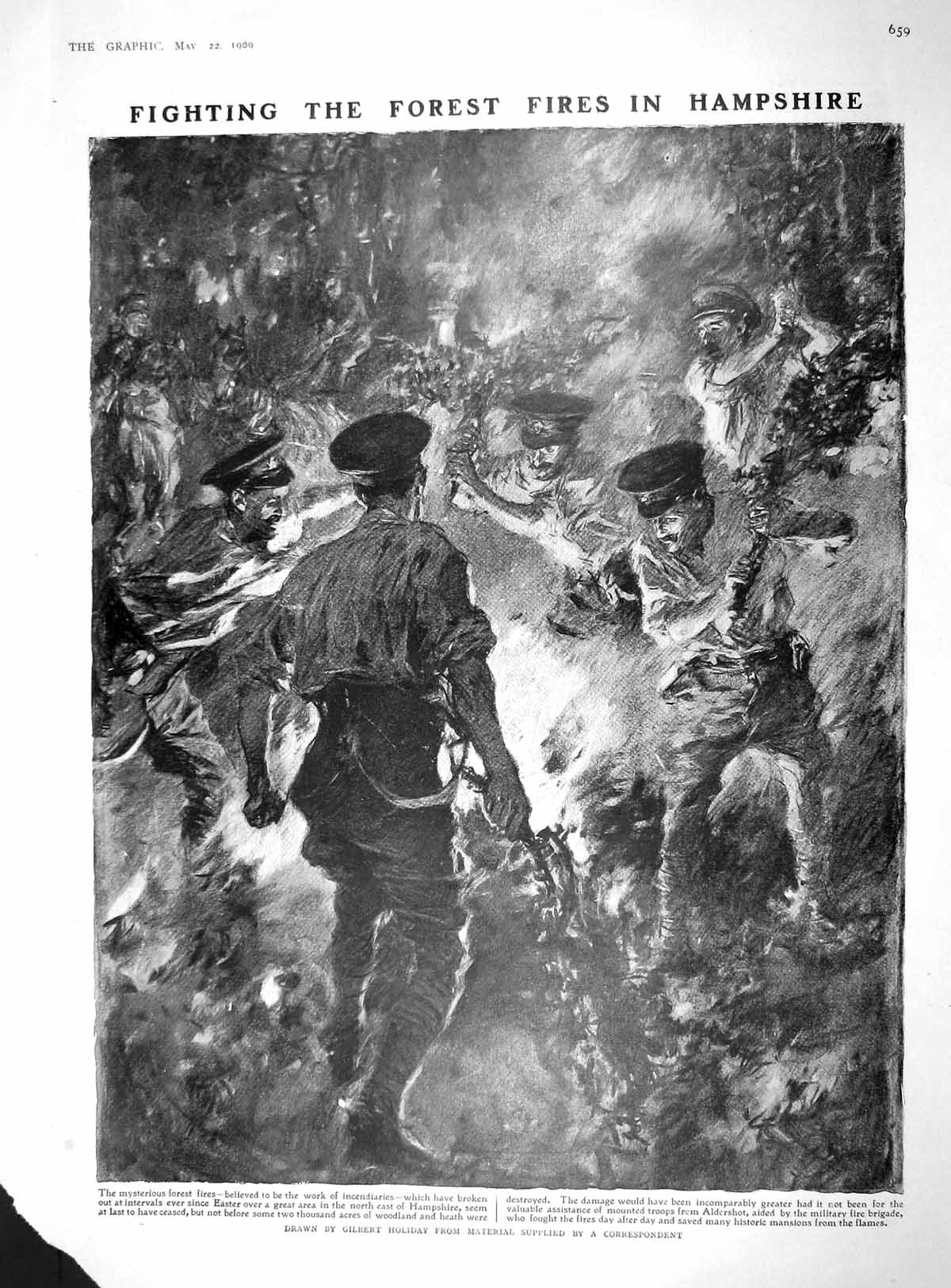 Original Old Antique Print 1909 Forest Fire Hampshire Siers Malta Ship Kaiser