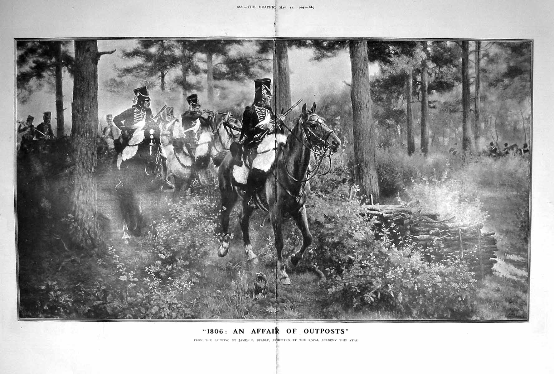 Original Old Antique Print 1909 Affiar Outpost War Officers Horses Beadle 20th